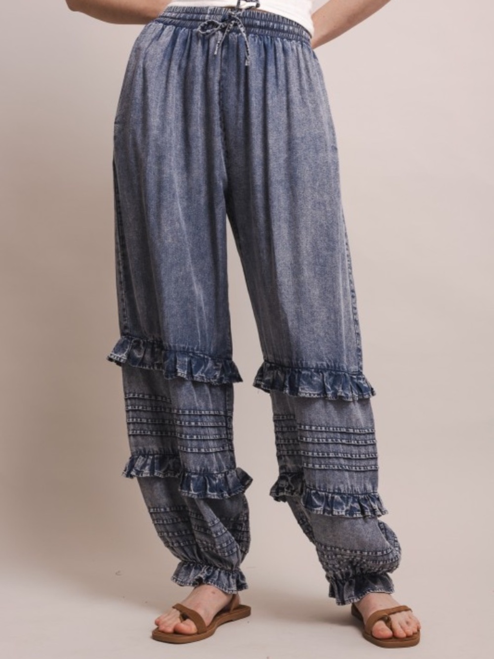 "The Adeline" Tiered Ruffle. Denim Pull On Jogger Pants